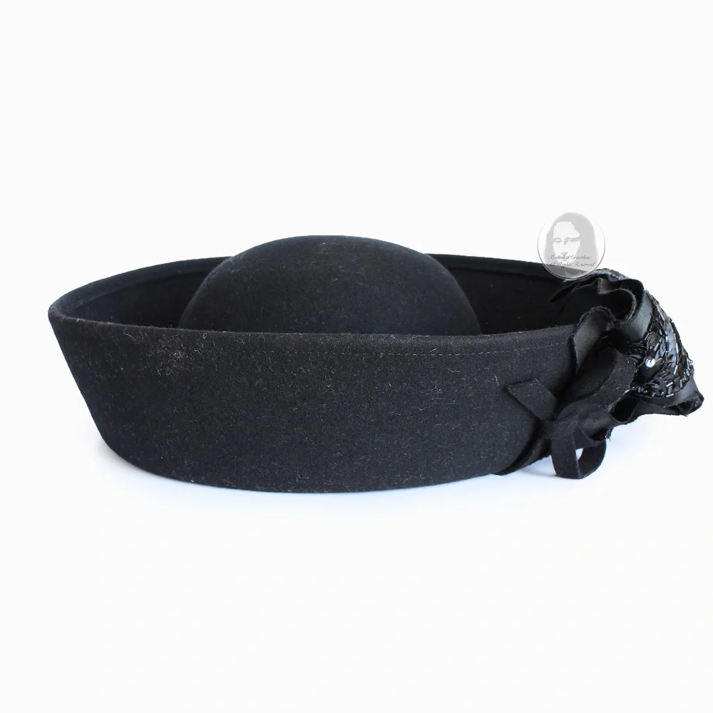 Mr. John Hat Breton Black Wool Felt Embellished Sequins Bow Formal Vintage 60s
